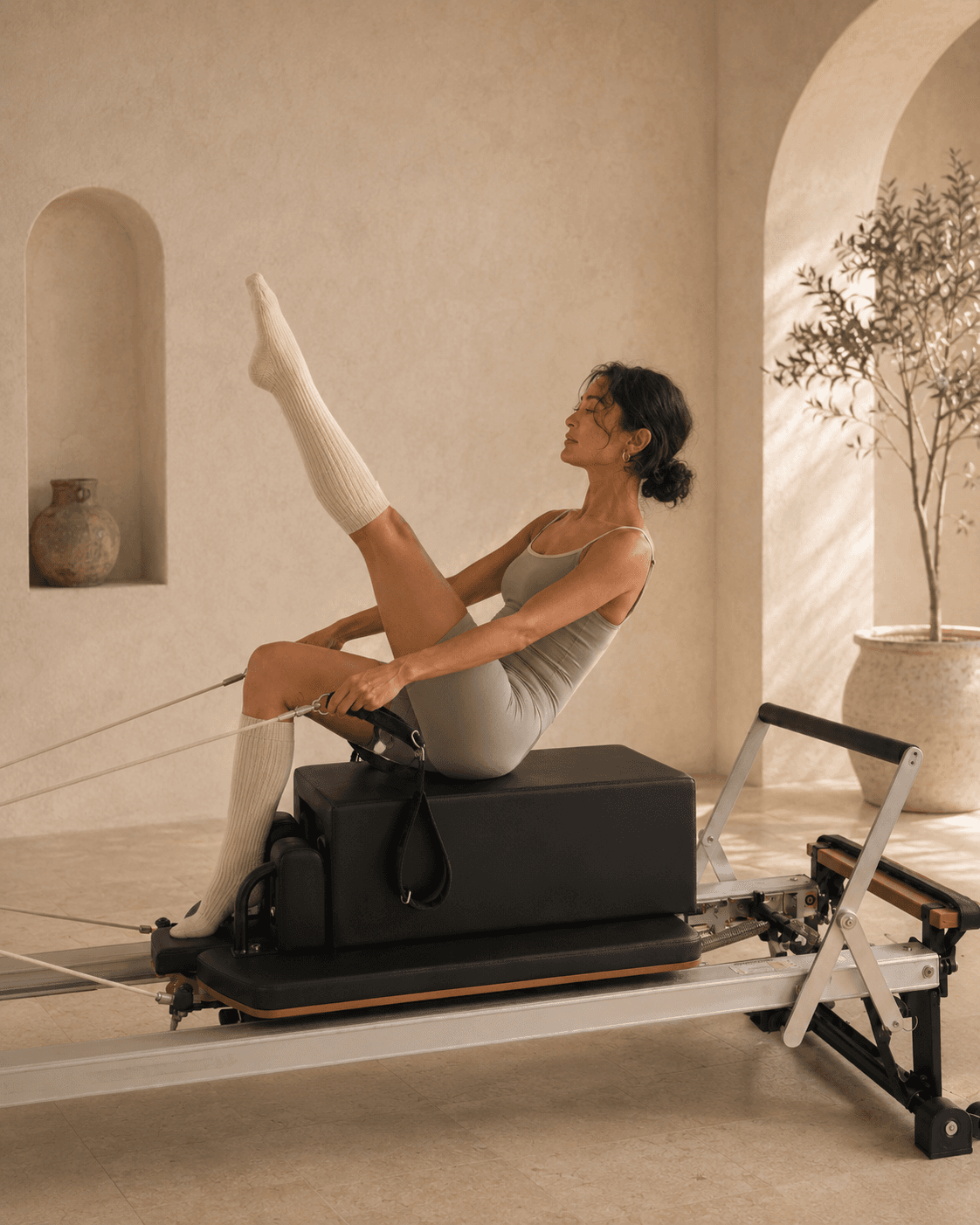 A member in cream on the reformer carriage, working slow controlled footwork in soft studio light.