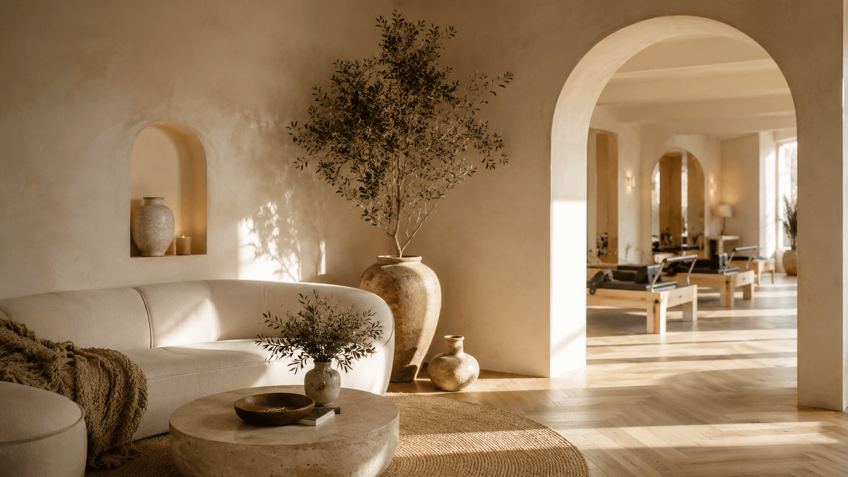 The soul studio lounge — a curved bouclé sofa and an olive tree beneath an arch that opens onto the reformer floor.