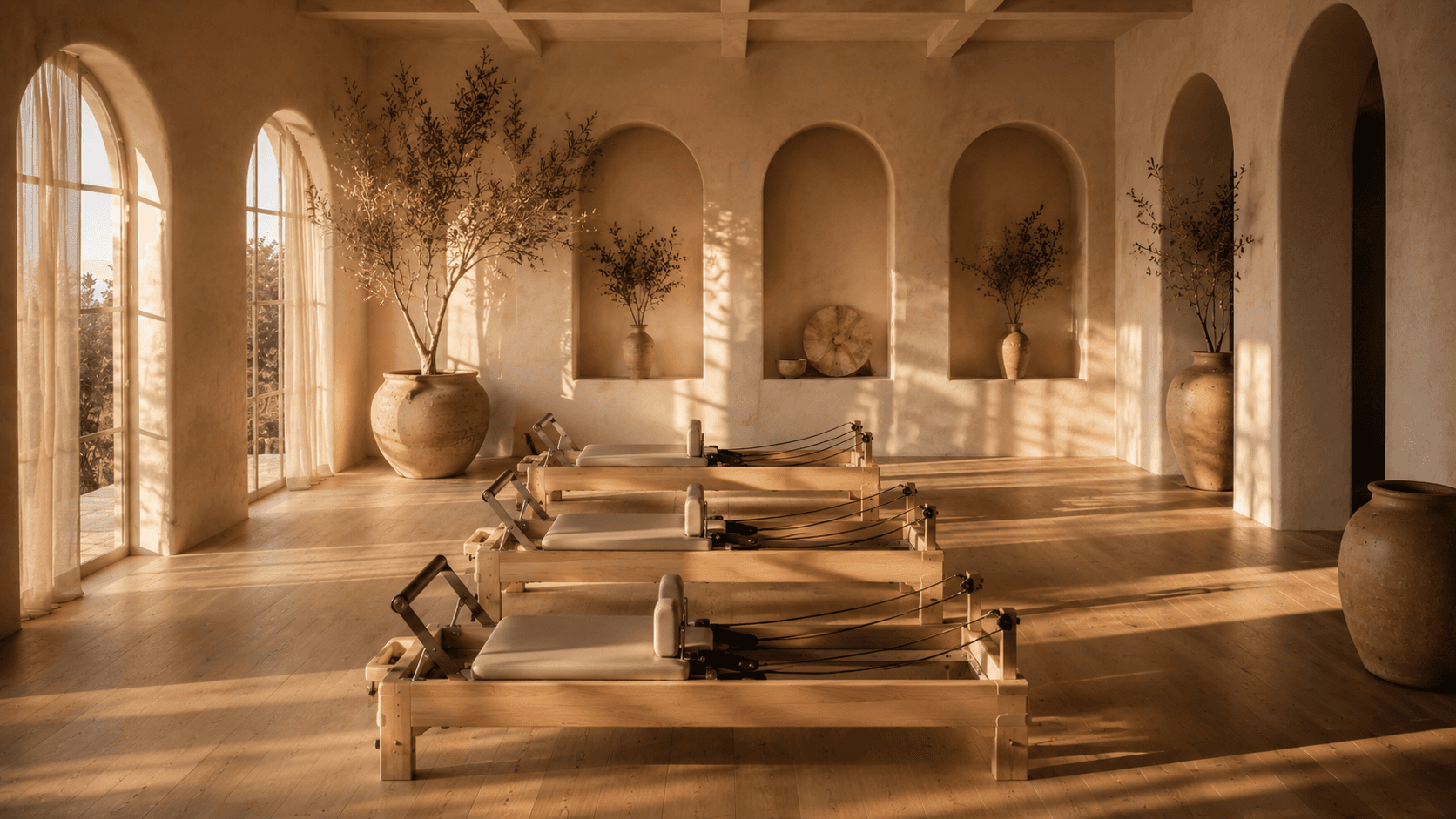 A row of wooden reformers along tall arched windows, olive trees and warm afternoon light.