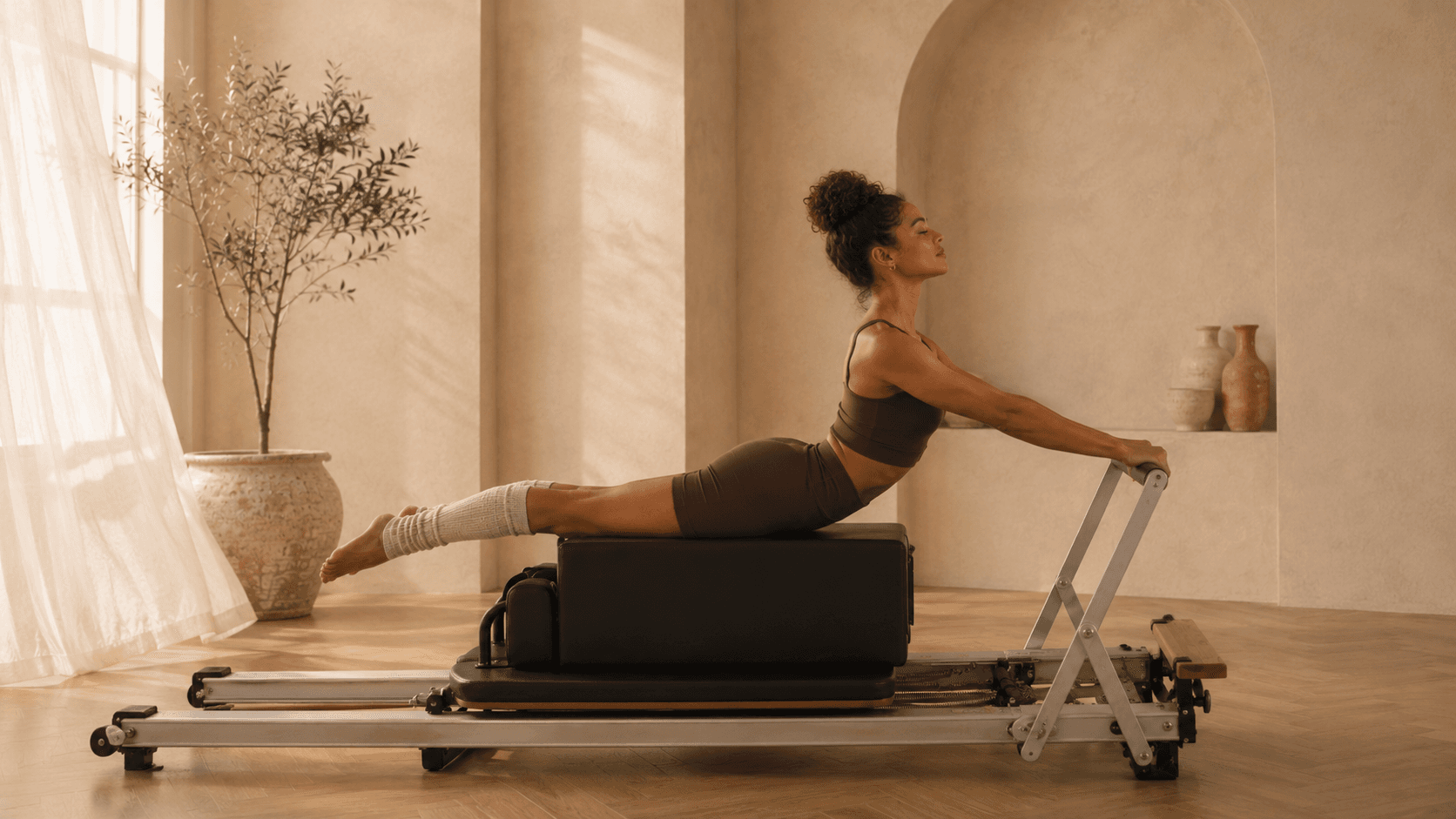 A member seated in quiet stillness on the reformer, backlit by a sheer-curtained arched window.